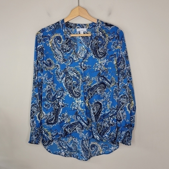 Allison Joy | Blue Paisley Wrap Front Blouse Size Small - Picture 2 of 6